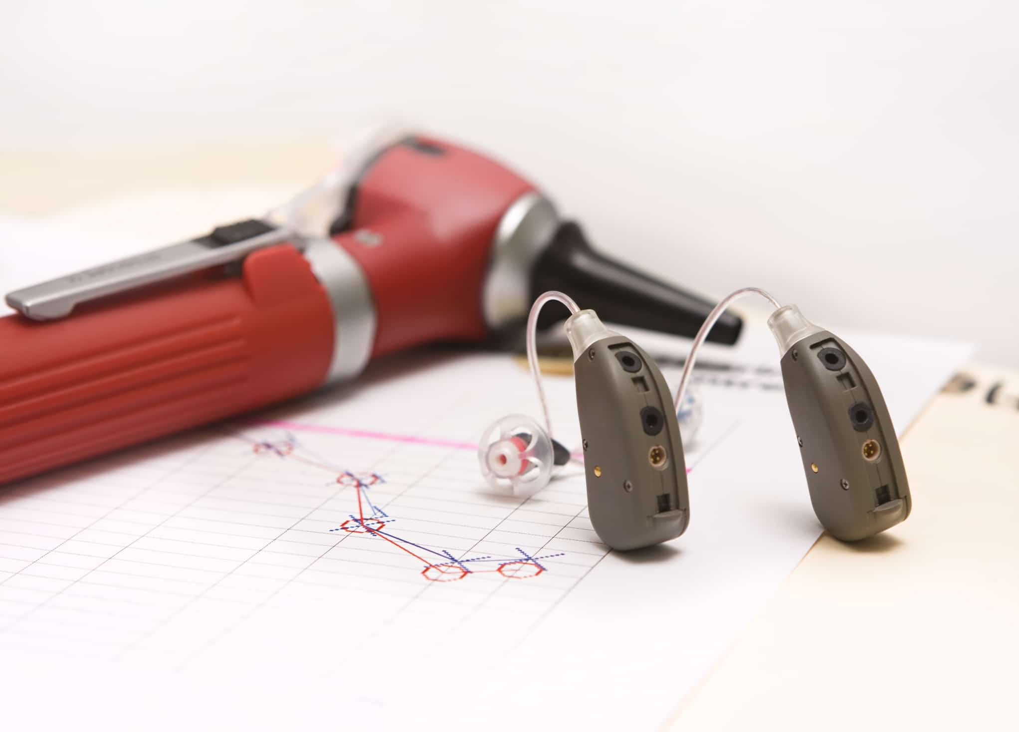 Hearing Aid next to Otoscope and Chart